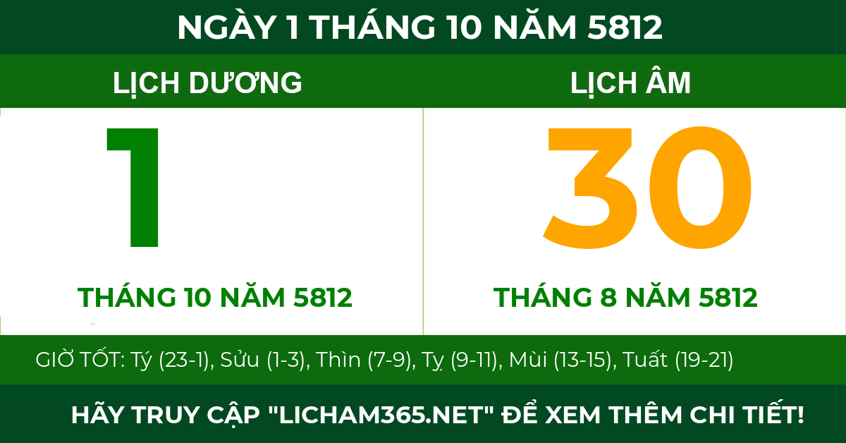 lịch âm ngày 1 tháng 10 năm 5812
