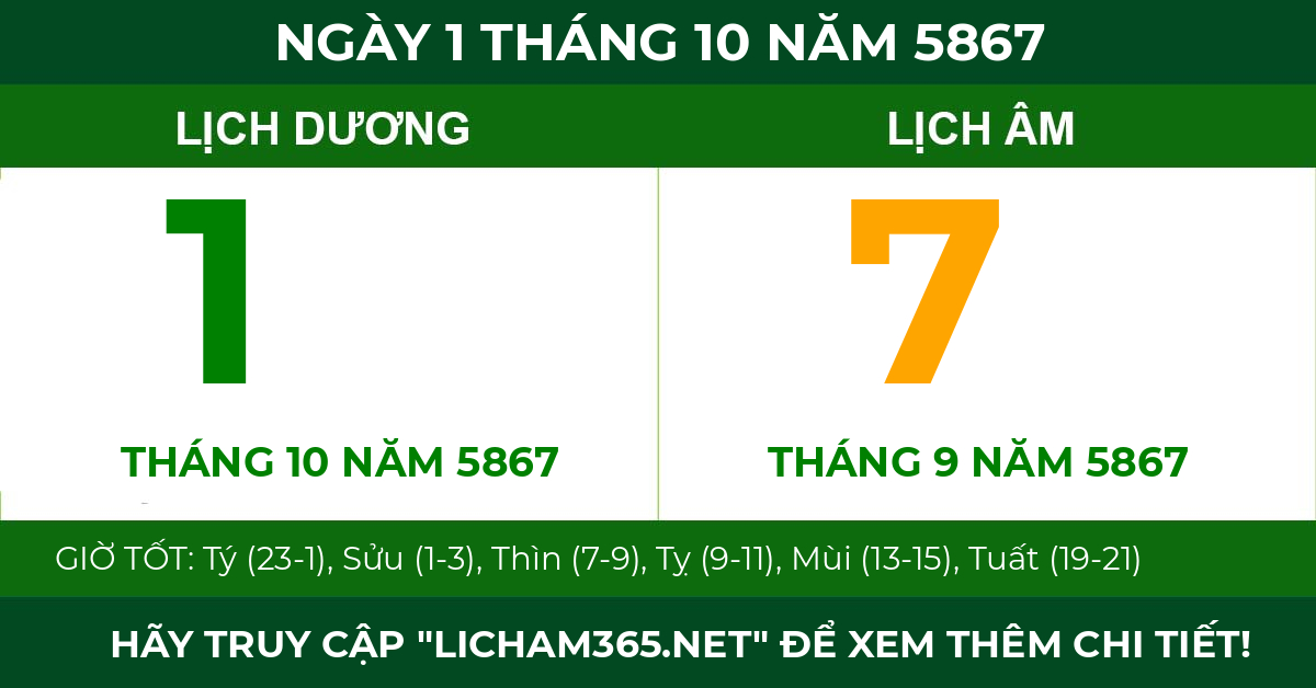 lịch âm ngày 1 tháng 10 năm 5867