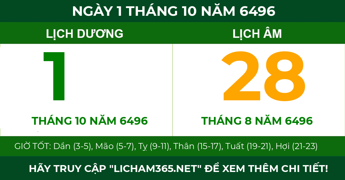 lịch âm ngày 1 tháng 10 năm 6496