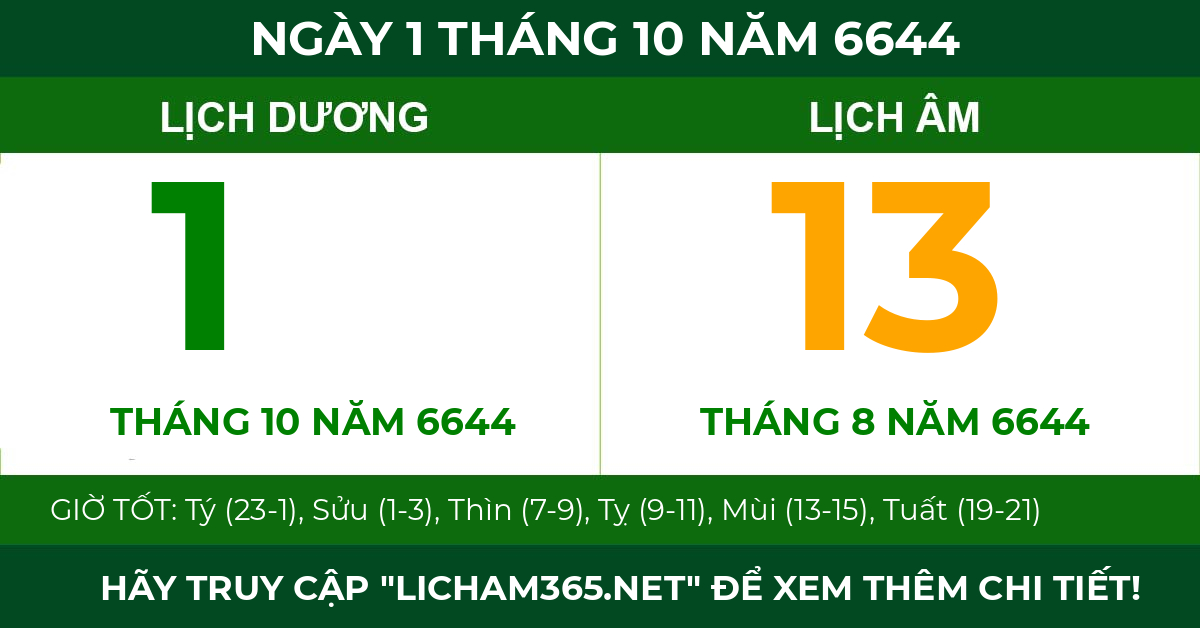lịch âm ngày 1 tháng 10 năm 6644