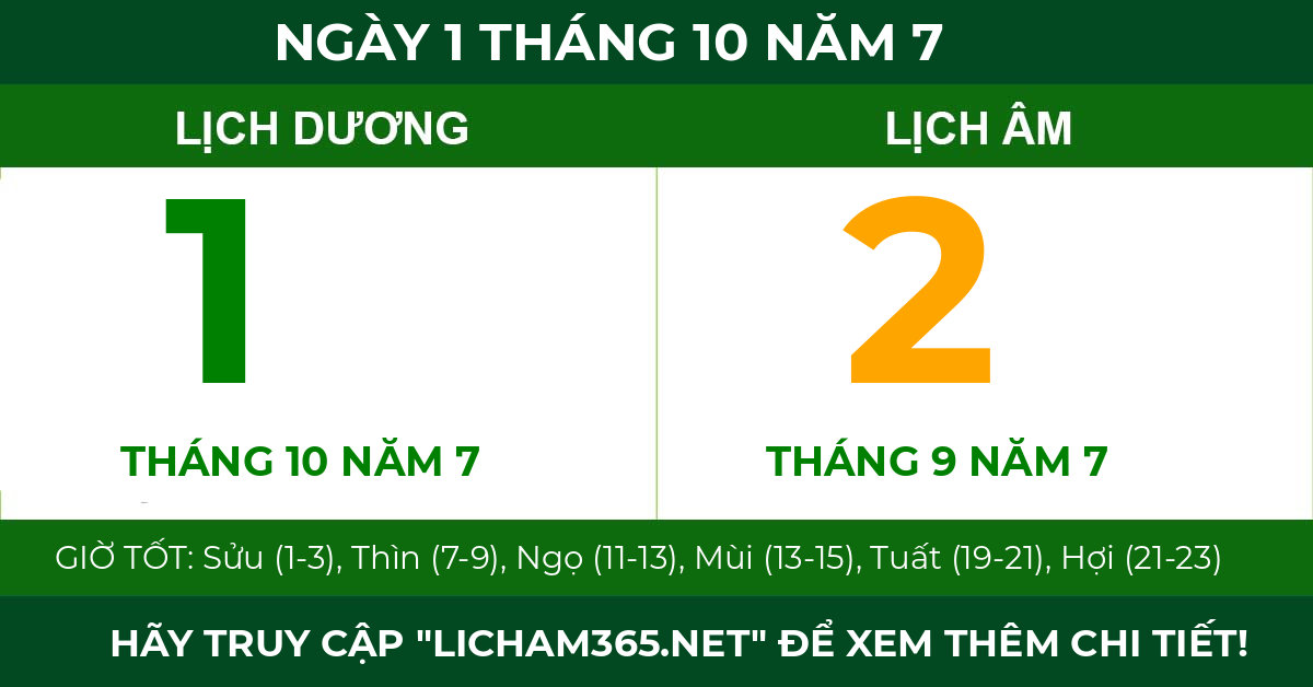 lịch âm ngày 1 tháng 10 năm 7