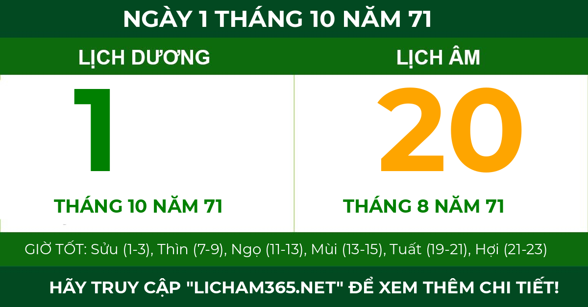 lịch âm ngày 1 tháng 10 năm 71
