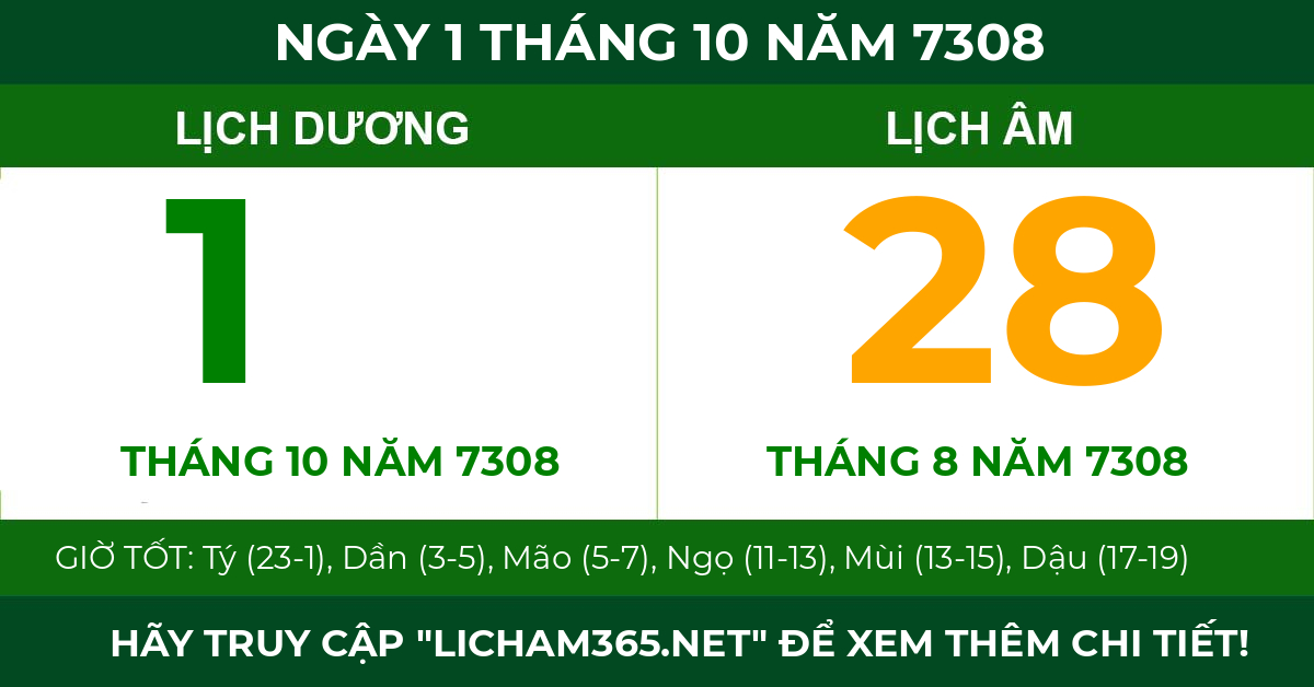 lịch âm ngày 1 tháng 10 năm 7308