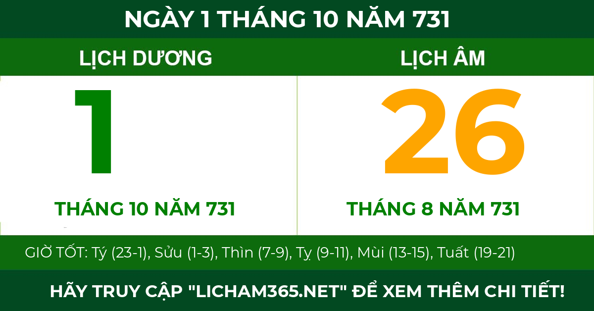 lịch âm ngày 1 tháng 10 năm 731