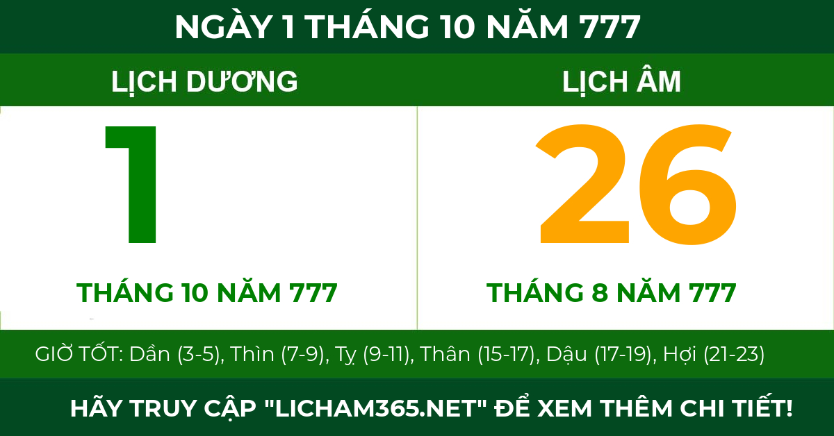lịch âm ngày 1 tháng 10 năm 777
