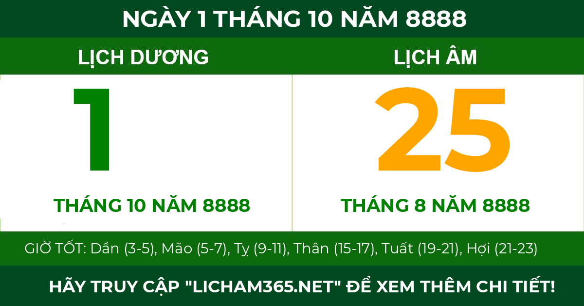 lịch âm ngày 1 tháng 10 năm 8888