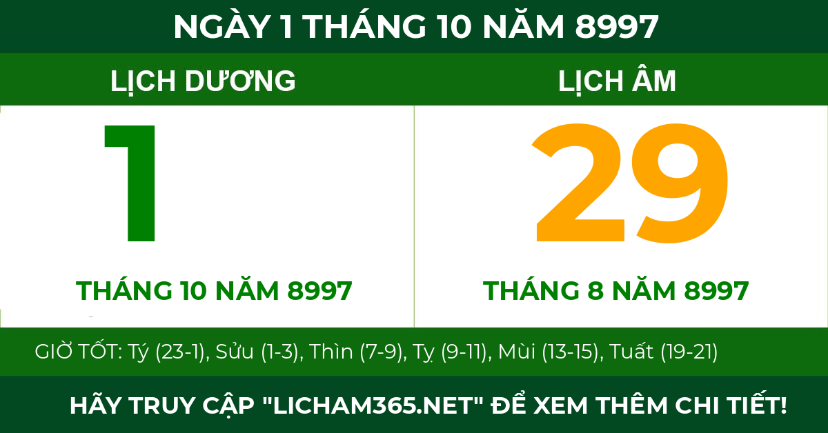 lịch âm ngày 1 tháng 10 năm 8997