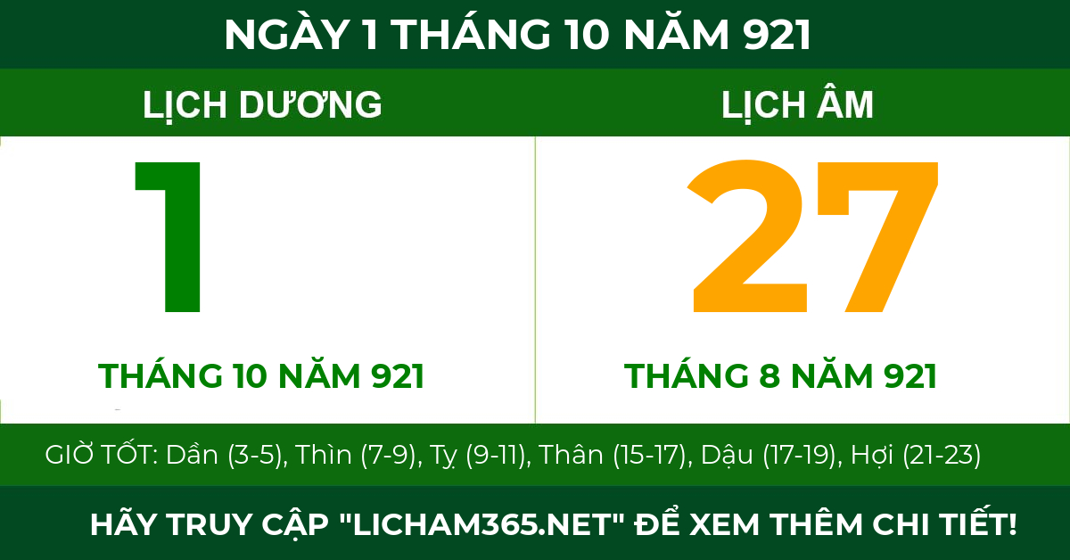 lịch âm ngày 1 tháng 10 năm 921