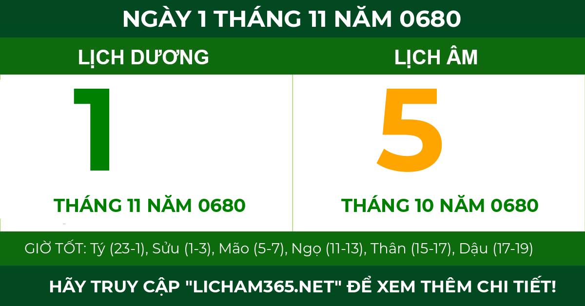lịch âm ngày 1 tháng 11 năm 0680