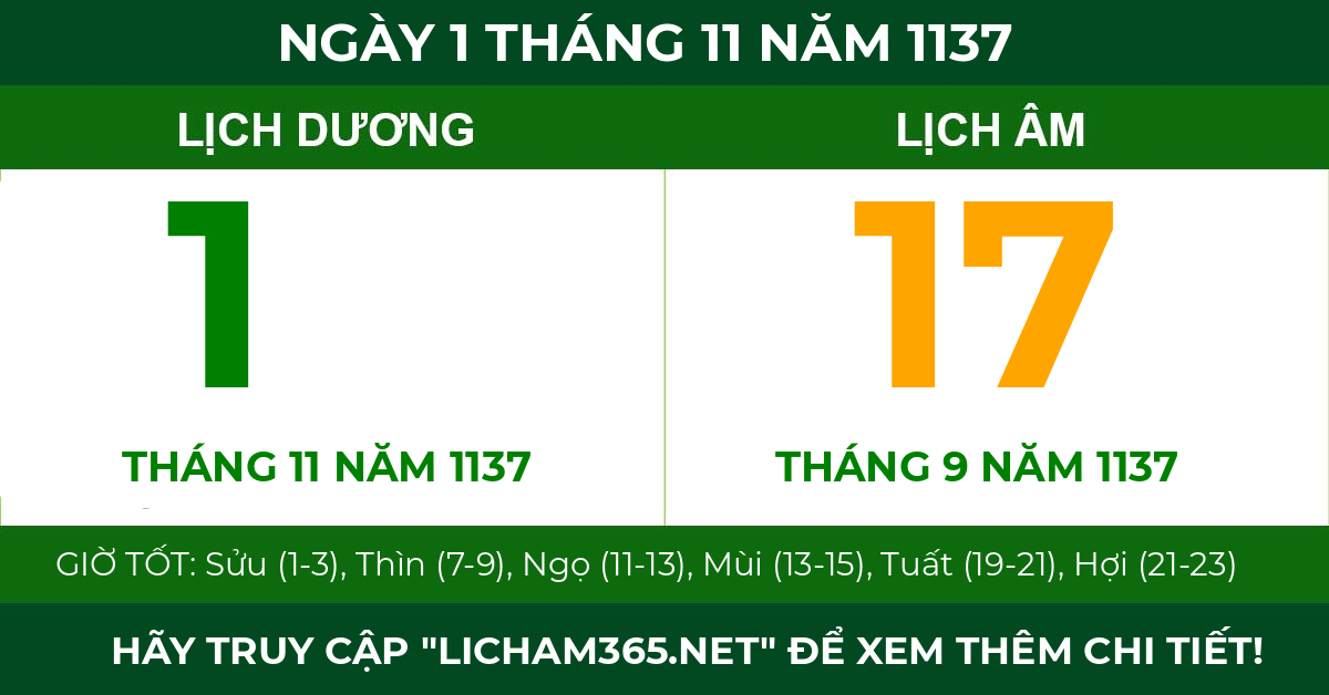 lịch âm ngày 1 tháng 11 năm 1137