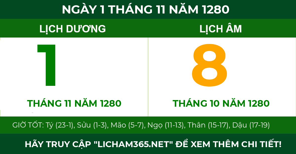lịch âm ngày 1 tháng 11 năm 1280