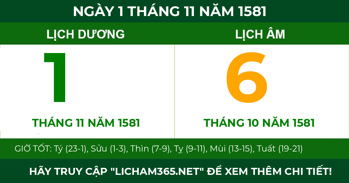 lịch âm ngày 1 tháng 11 năm 1581