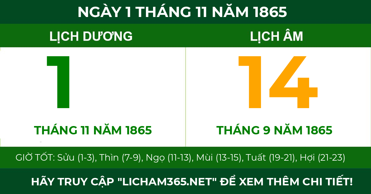 lịch âm ngày 1 tháng 11 năm 1865