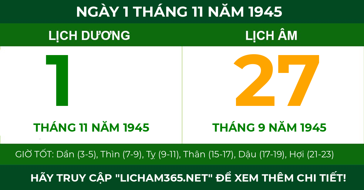 lịch âm ngày 1 tháng 11 năm 1945