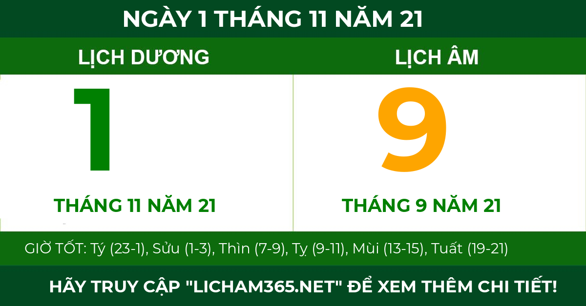 lịch âm ngày 1 tháng 11 năm 21