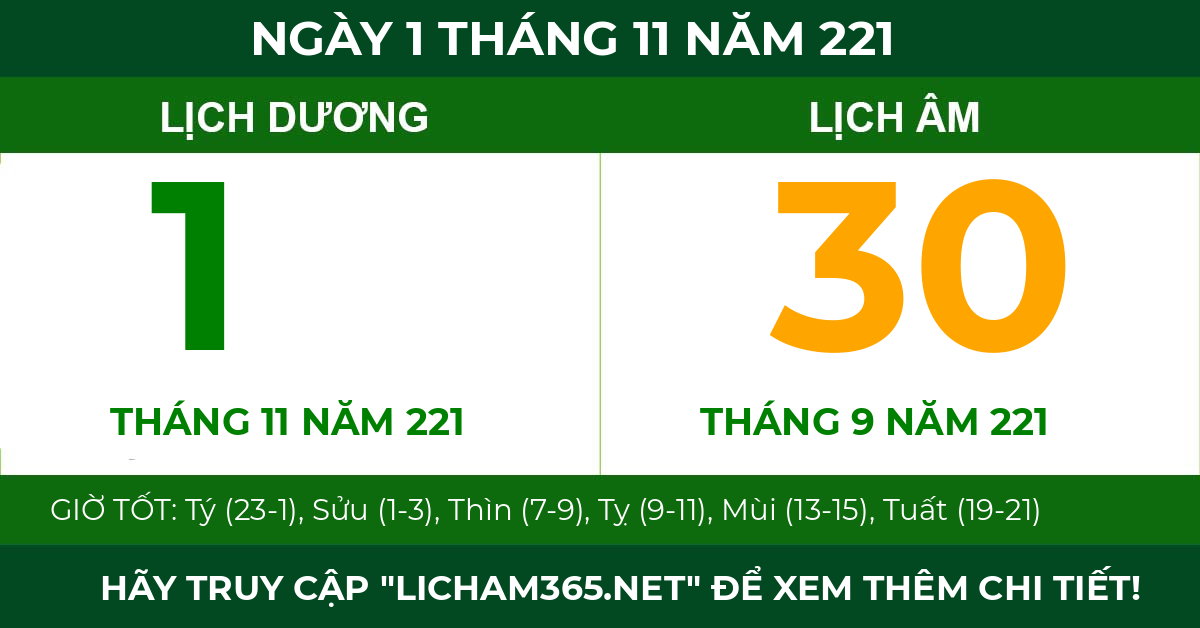 lịch âm ngày 1 tháng 11 năm 221