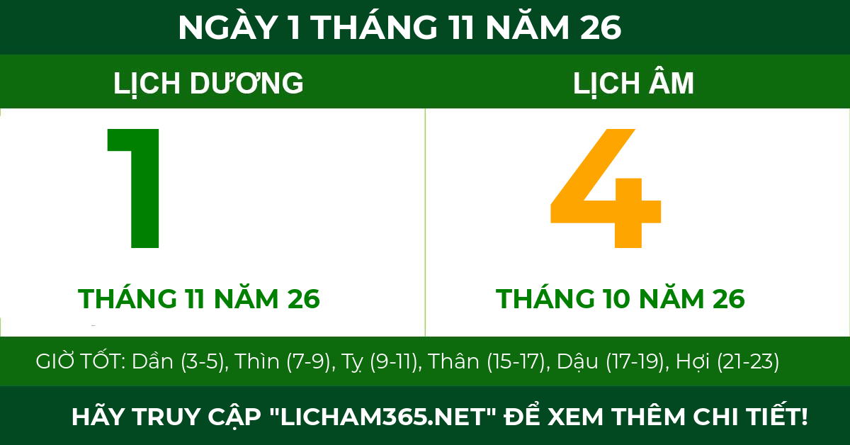 lịch âm ngày 1 tháng 11 năm 26