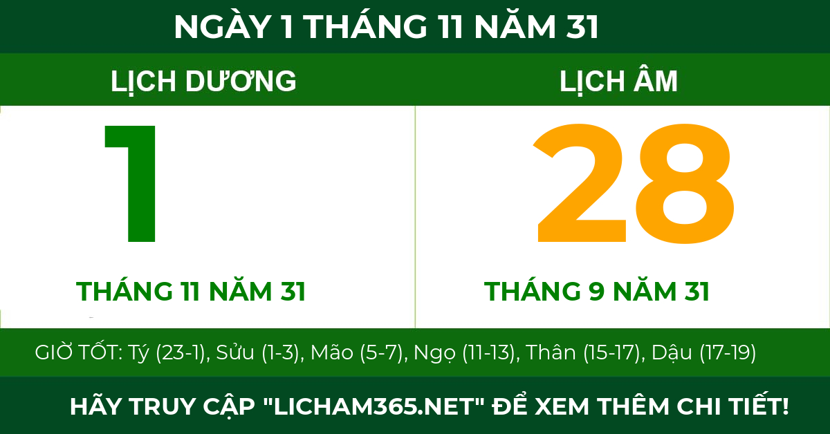 lịch âm ngày 1 tháng 11 năm 31