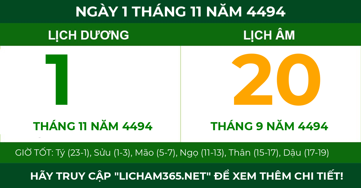lịch âm ngày 1 tháng 11 năm 4494