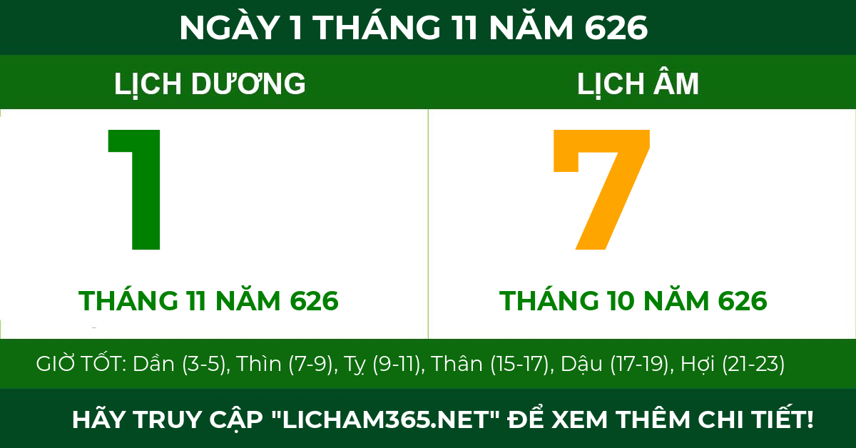 lịch âm ngày 1 tháng 11 năm 626