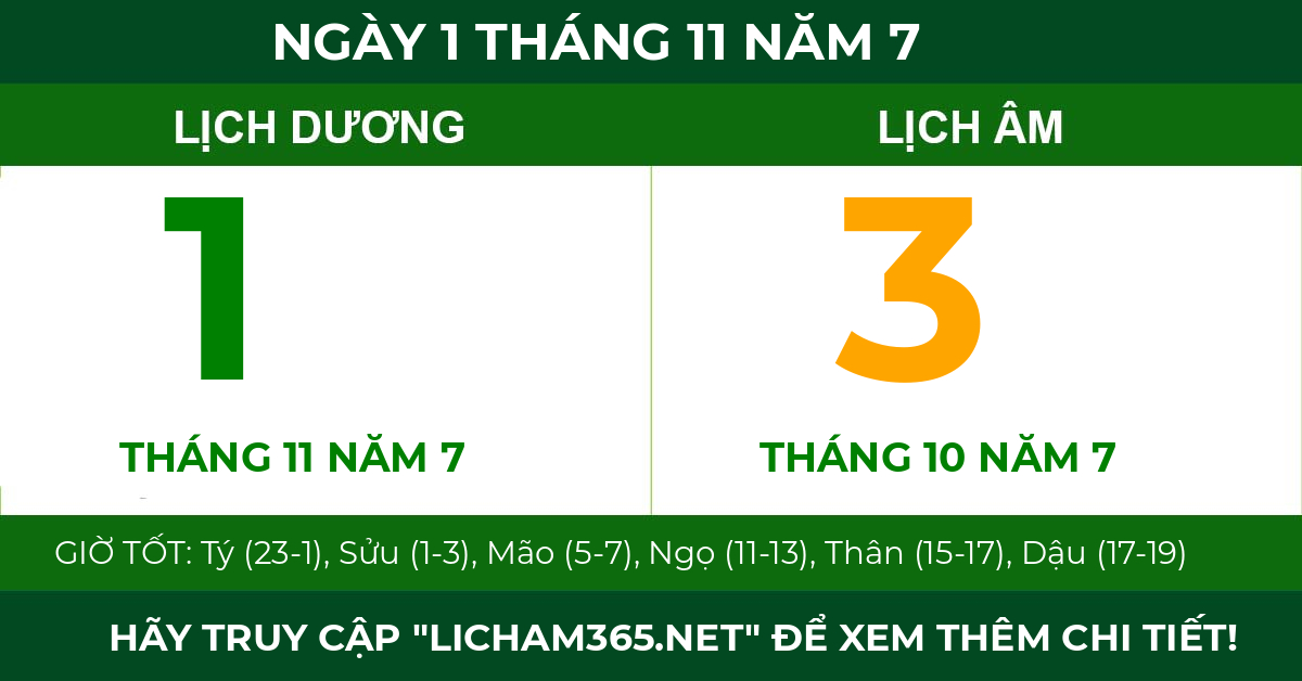lịch âm ngày 1 tháng 11 năm 7