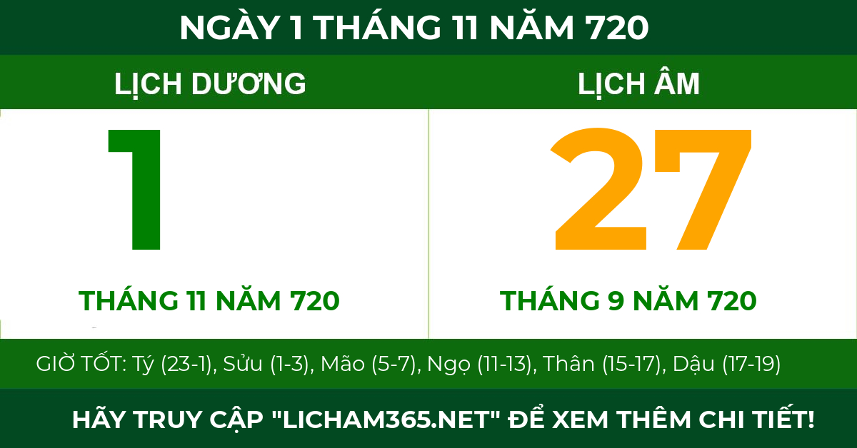 lịch âm ngày 1 tháng 11 năm 720