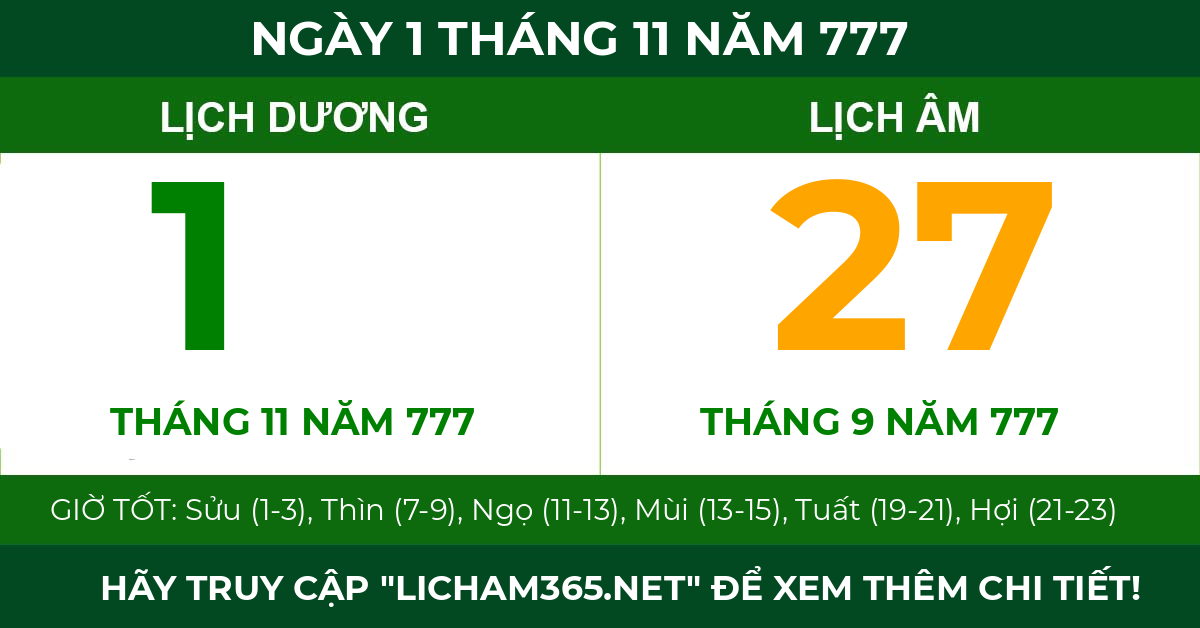 lịch âm ngày 1 tháng 11 năm 777