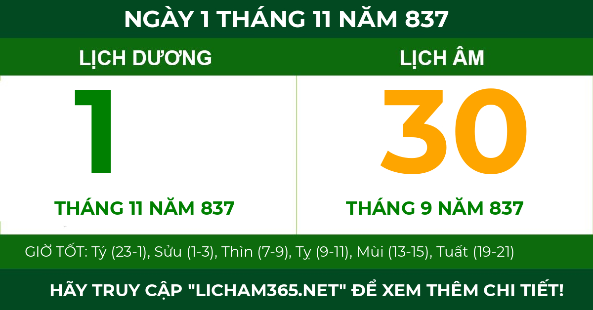 lịch âm ngày 1 tháng 11 năm 837