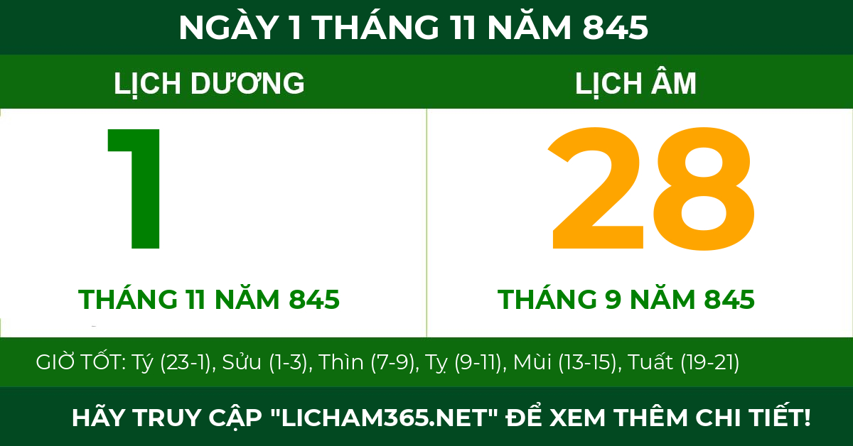 lịch âm ngày 1 tháng 11 năm 845