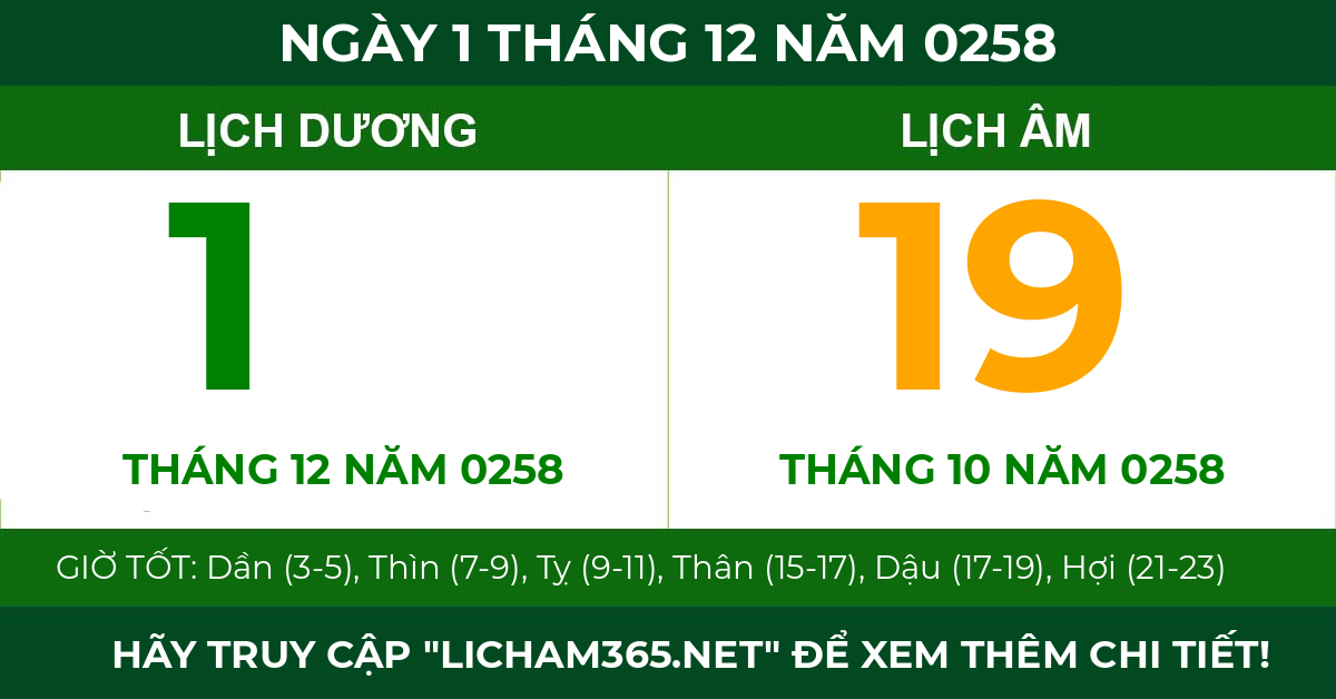 lịch âm ngày 1 tháng 12 năm 0258