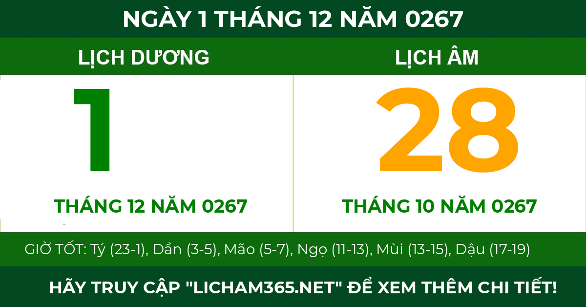 lịch âm ngày 1 tháng 12 năm 0267