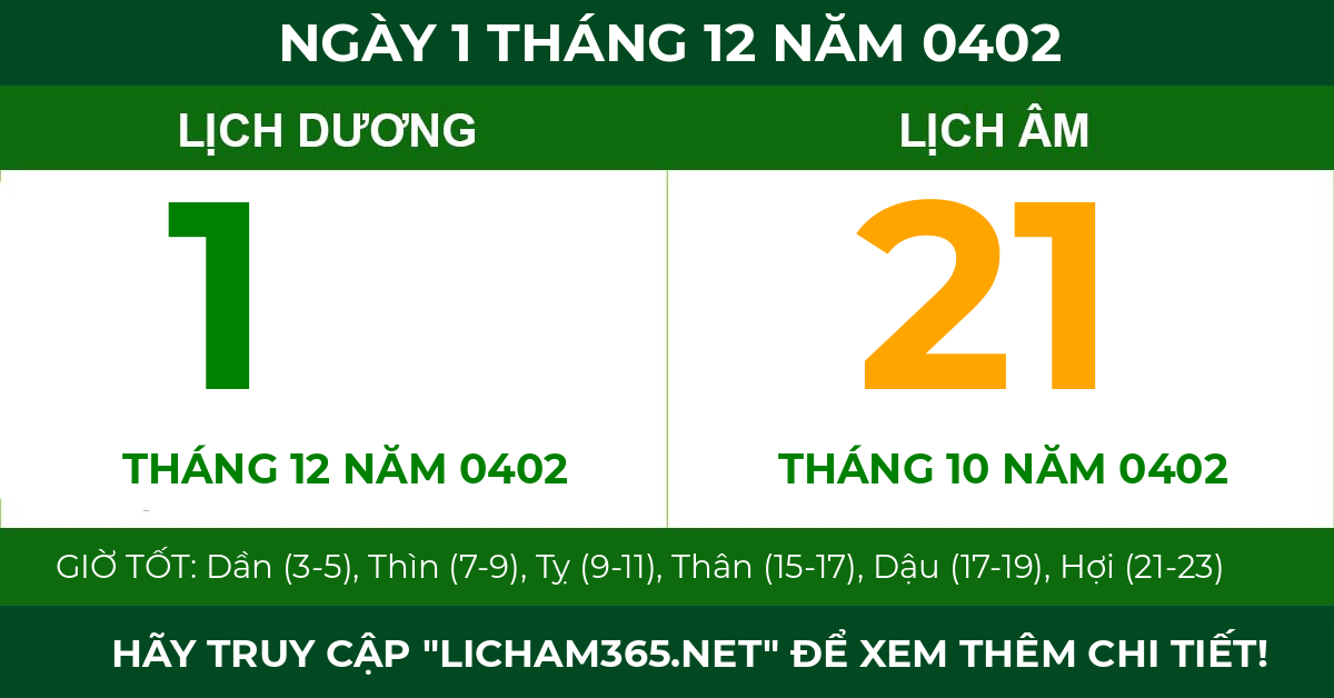 lịch âm ngày 1 tháng 12 năm 0402