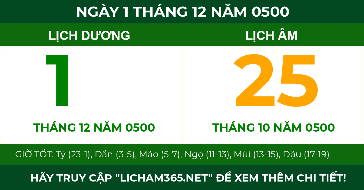 lịch âm ngày 1 tháng 12 năm 0500