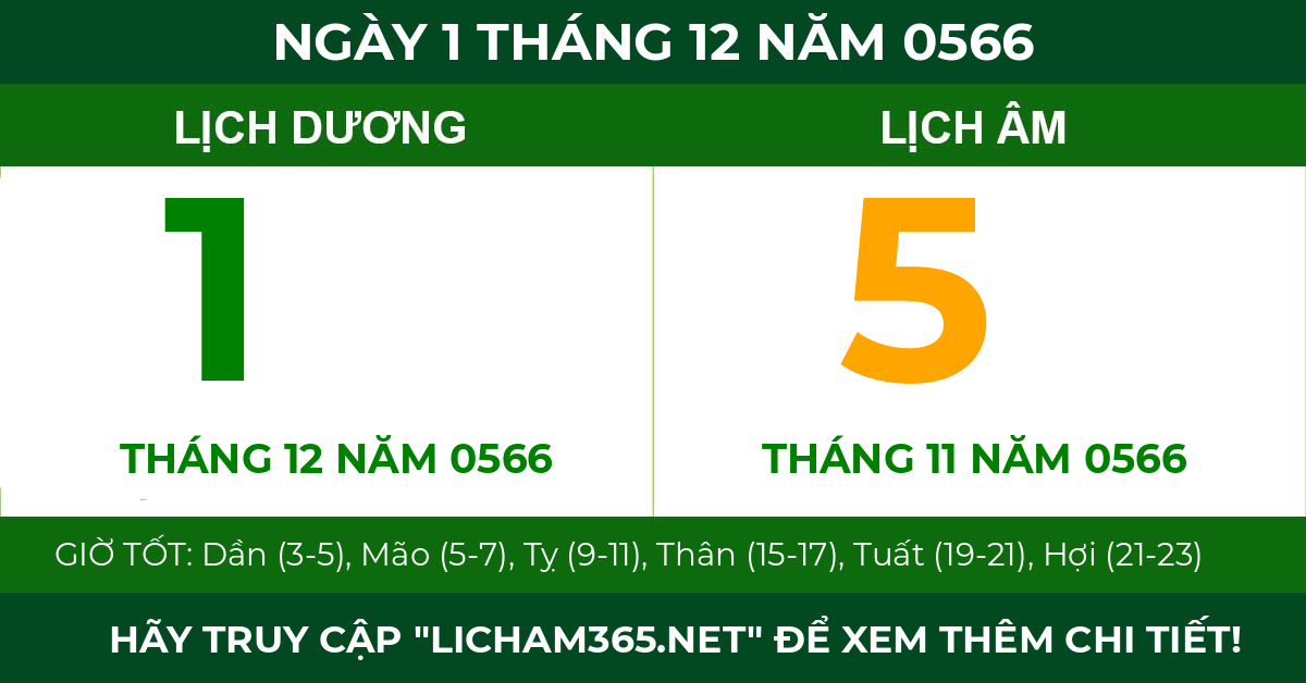 lịch âm ngày 1 tháng 12 năm 0566