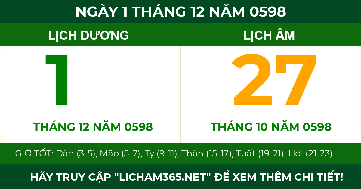 lịch âm ngày 1 tháng 12 năm 0598