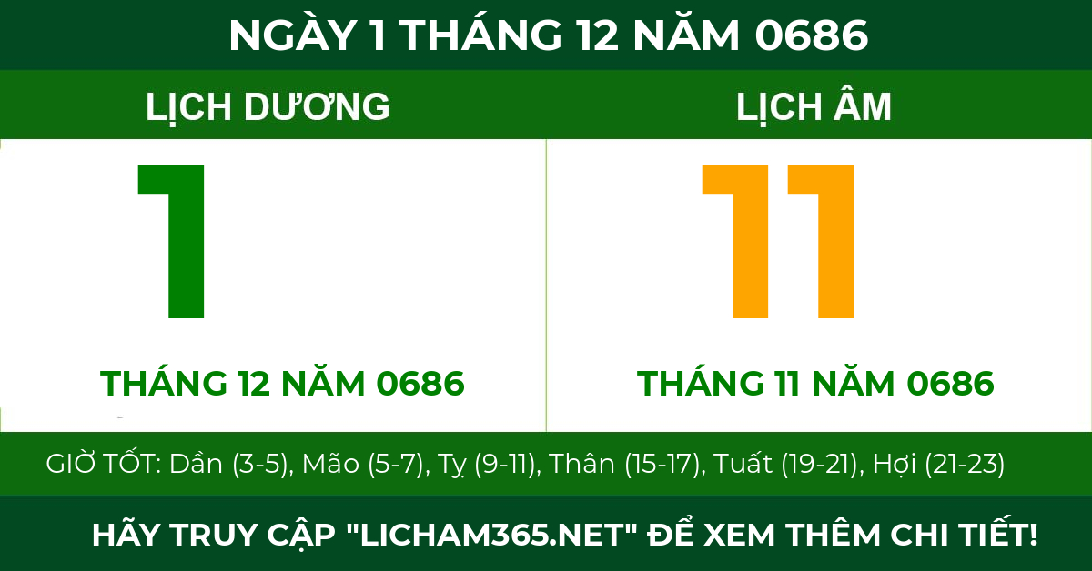 lịch âm ngày 1 tháng 12 năm 0686