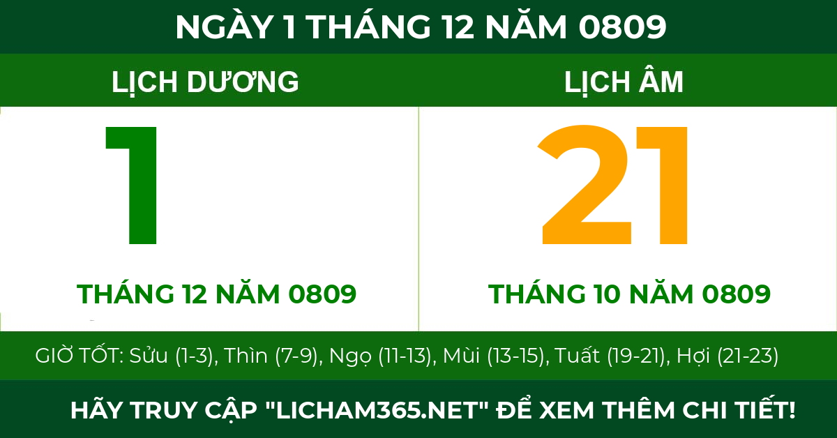 lịch âm ngày 1 tháng 12 năm 0809