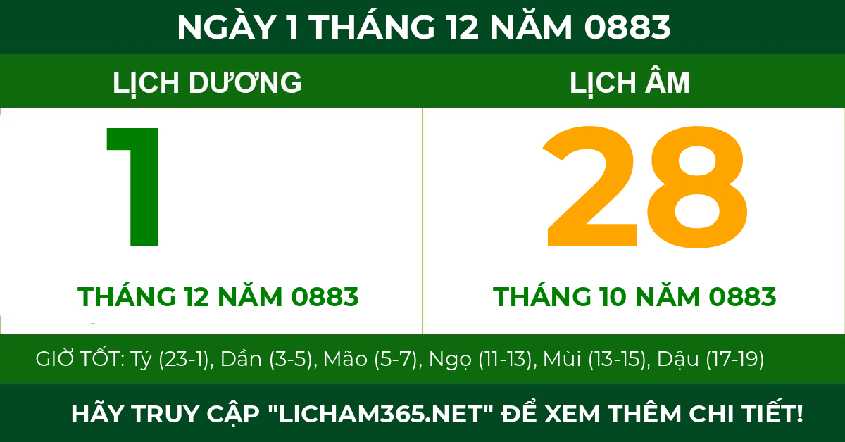 lịch âm ngày 1 tháng 12 năm 0883