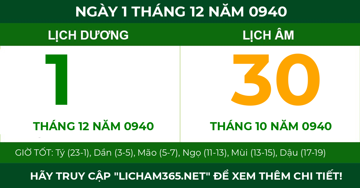 lịch âm ngày 1 tháng 12 năm 0940