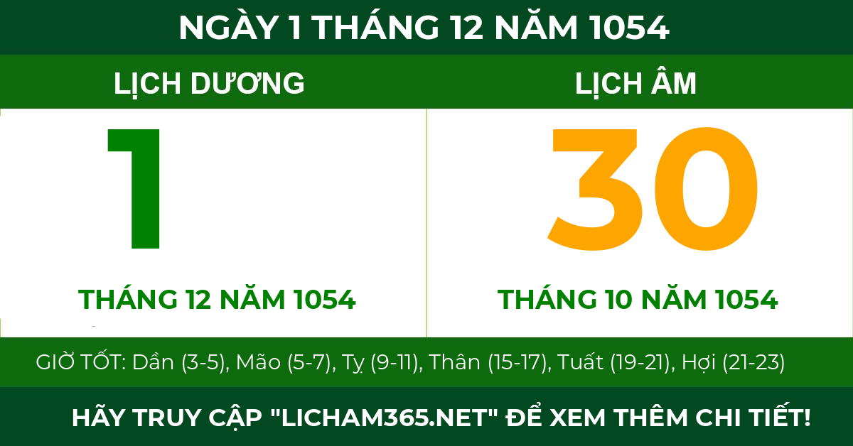 lịch âm ngày 1 tháng 12 năm 1054