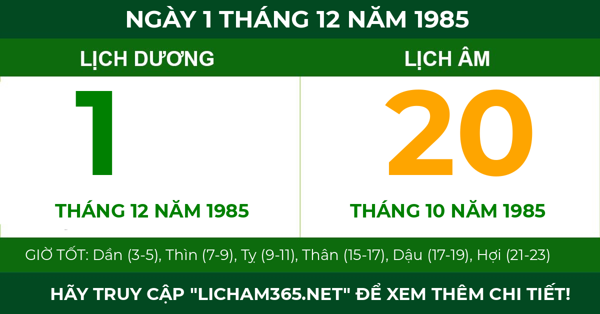 lịch âm ngày 1 tháng 12 năm 1985