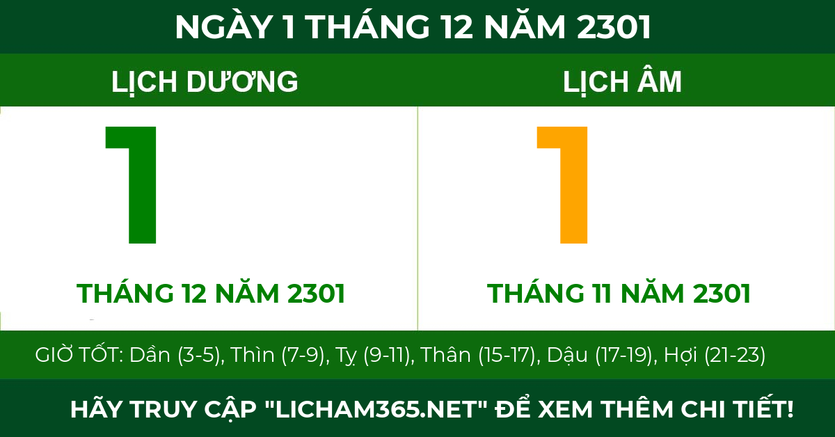lịch âm ngày 1 tháng 12 năm 2301