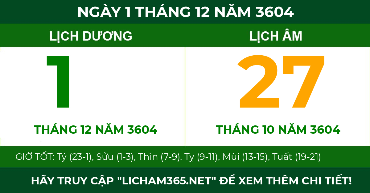 lịch âm ngày 1 tháng 12 năm 3604