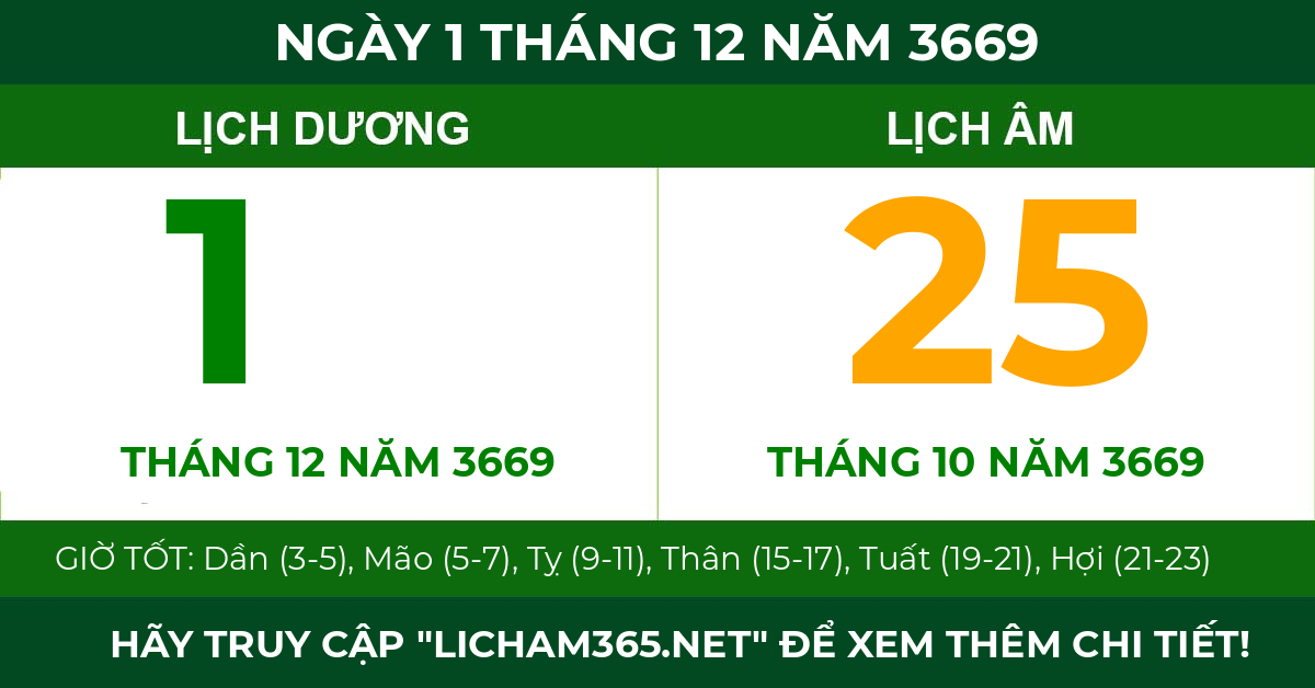 lịch âm ngày 1 tháng 12 năm 3669