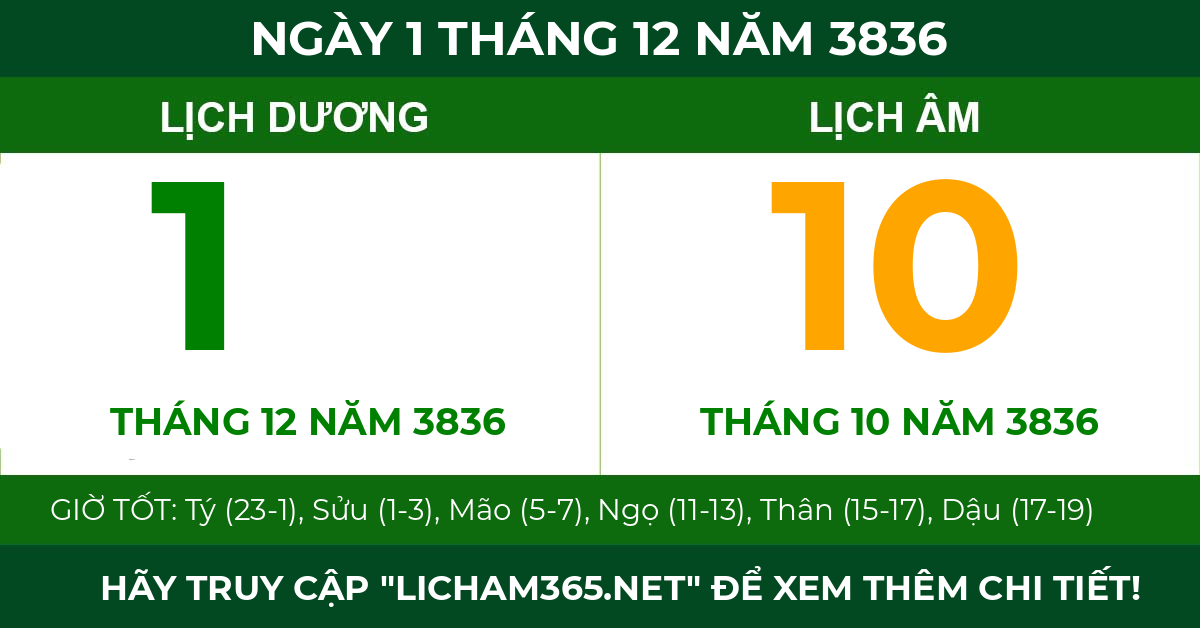 lịch âm ngày 1 tháng 12 năm 3836