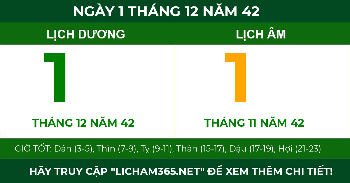 lịch âm ngày 1 tháng 12 năm 42
