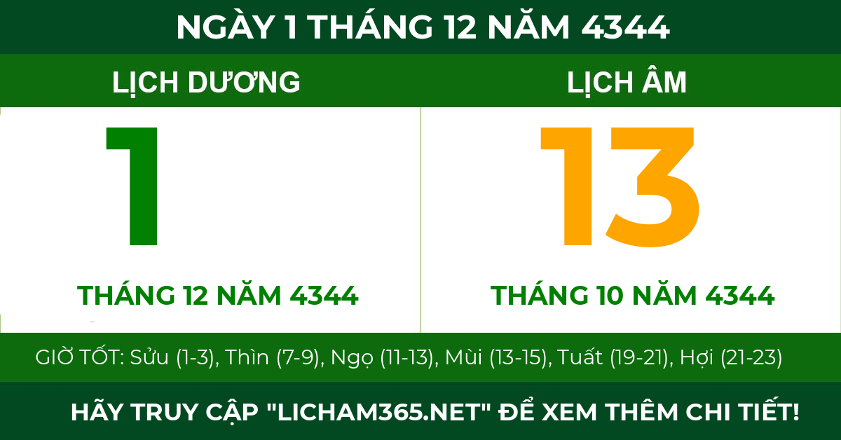 lịch âm ngày 1 tháng 12 năm 4344
