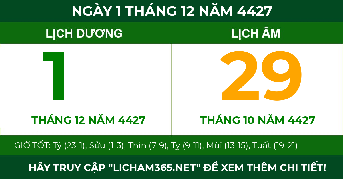lịch âm ngày 1 tháng 12 năm 4427