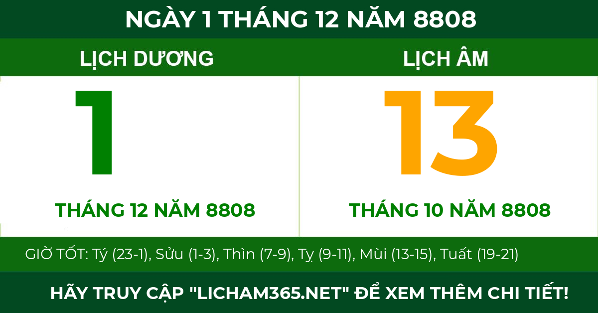 lịch âm ngày 1 tháng 12 năm 8808