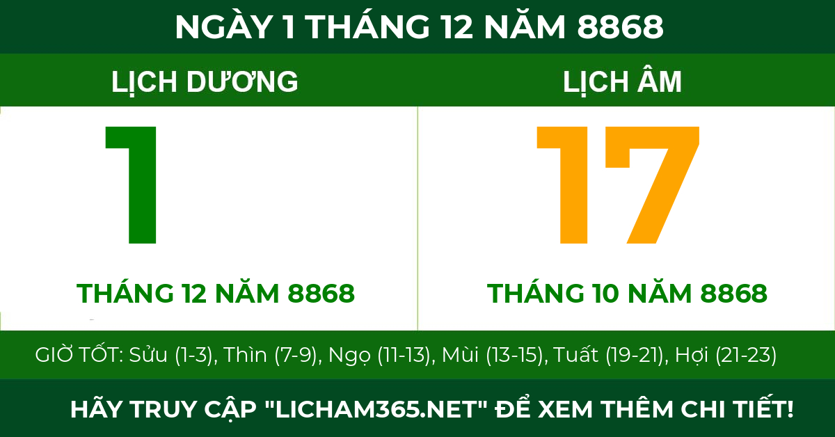 lịch âm ngày 1 tháng 12 năm 8868